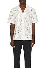 Club Monaco Short Sleeve Eyelet Shirt in White, view 3, click to view large image.