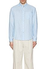 Club Monaco Long Sleeve Solid Linen Shirt in Light Blue Base, view 3, click to view large image.