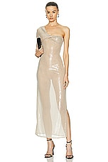 Courreges Twist Asymetrical Glitter Long Dress in Sand, view 5, click to view large image.