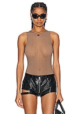 Courreges Buckle Checked 2nd Skin Bodysuit Top in Brown & White, view 1, click to view large image.