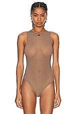 Courreges Buckle Checked 2nd Skin Bodysuit Top in Brown & White, view 2, click to view large image.