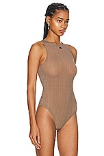 Courreges Buckle Checked 2nd Skin Bodysuit Top in Brown & White, view 3, click to view large image.