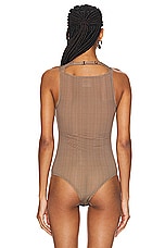 Courreges Buckle Checked 2nd Skin Bodysuit Top in Brown & White, view 4, click to view large image.
