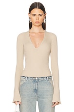 Courreges V Neck Rib Knit Bodysuit in Sand, view 1, click to view large image.