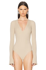 Courreges V Neck Rib Knit Bodysuit in Sand, view 2, click to view large image.