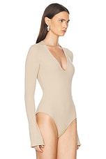 Courreges V Neck Rib Knit Bodysuit in Sand, view 3, click to view large image.