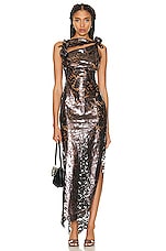 Coperni Asymmetrical Floral Gown in Chocolate, view 1, click to view large image.
