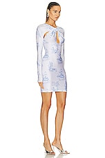 Coperni Toile De Jouy Print Twisted Cut Out Jersey Dress in White & Blue, view 2, click to view large image.