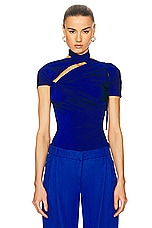 Coperni Asymmetric Draped Jersey Top in Blue, view 1, click to view large image.