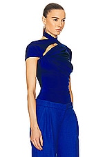 Coperni Asymmetric Draped Jersey Top in Blue, view 2, click to view large image.