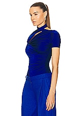 Coperni Asymmetric Draped Jersey Top in Blue, view 3, click to view large image.