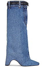 Coperni Denim Open Knee Bridge Boot in Washed Blue, view 1, click to view large image.