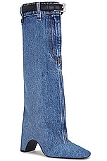 Coperni Denim Open Knee Bridge Boot in Washed Blue, view 2, click to view large image.