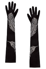 David Koma Rhinestone Feather Long Gloves in Black & Silver, view 1, click to view large image.