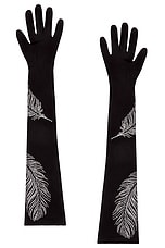 David Koma Rhinestone Feather Long Gloves in Black & Silver, view 2, click to view large image.