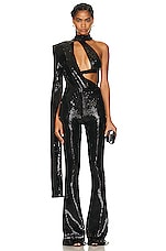 David Koma Asymmetric Bra Sequin Jumpsuit in Black, view 1, click to view large image.