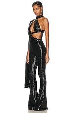 David Koma Asymmetric Bra Sequin Jumpsuit in Black, view 3, click to view large image.