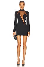 David Koma Flame Deep V Long Sleeve Mini Dress in Black, view 1, click to view large image.