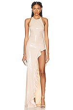 David Koma Ruffle Open Leg Sequin Gown in Beige, view 1, click to view large image.