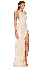 David Koma Ruffle Open Leg Sequin Gown in Beige, view 2, click to view large image.