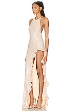 David Koma Ruffle Open Leg Sequin Gown in Beige, view 3, click to view large image.