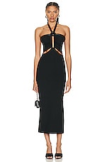 David Koma Chest Buckle &amp; Knot Detail Cutout Midi Dress in Black, view 1, click to view large image.