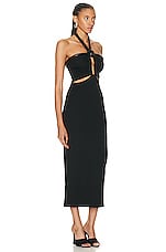 David Koma Chest Buckle &amp; Knot Detail Cutout Midi Dress in Black, view 2, click to view large image.