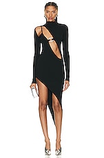David Koma Crystal Buckle Cutout Asymmetrical Knit Dress in Black & Silver, view 1, click to view large image.