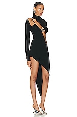 David Koma Crystal Buckle Cutout Asymmetrical Knit Dress in Black & Silver, view 2, click to view large image.