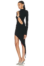 David Koma Crystal Buckle Cutout Asymmetrical Knit Dress in Black & Silver, view 3, click to view large image.