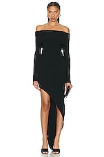 David Koma Asymmetrical Long Sleeve Off Shoulder Knit Gown in Black, view 1, click to view large image.