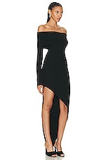 David Koma Asymmetrical Long Sleeve Off Shoulder Knit Gown in Black, view 2, click to view large image.