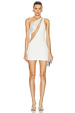 David Koma Crystal Embroidered Net Panel One Shoulder Mini Dress in White & Silver, view 1, click to view large image.