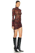 David Koma Nails Print Side Strings Dress in Red & Black, view 2, click to view large image.