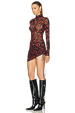 David Koma Nails Print Side Strings Dress in Red & Black, view 3, click to view large image.