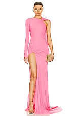 David Koma Ruched Knot One Sleeve Hem Gown in Pink, view 1, click to view large image.