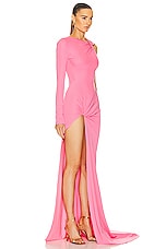 David Koma Ruched Knot One Sleeve Hem Gown in Pink, view 2, click to view large image.
