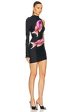 David Koma Fish Print One Sleeve Ruched Mini Dress in Black & Pink, view 2, click to view large image.