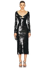 David Koma Logo Buckle Long Sleeve Sequin Midi Dress in Black, view 1, click to view large image.
