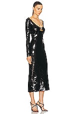 David Koma Logo Buckle Long Sleeve Sequin Midi Dress in Black, view 2, click to view large image.
