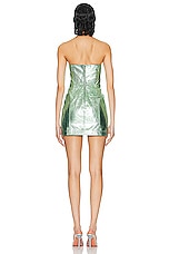 David Koma Metal Logo Buckle Strapless Leather Dress in Metallic Green, view 3, click to view large image.