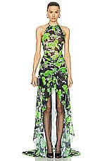 David Koma Rose Printed Mesh Gown in Green & Black, view 1, click to view large image.