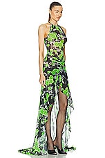 David Koma Rose Printed Mesh Gown in Green & Black, view 2, click to view large image.