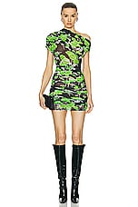 David Koma Rose Flower Printed Open Shoulder Mini Dress in Green & Black, view 1, click to view large image.
