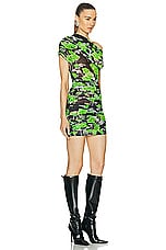 David Koma Rose Flower Printed Open Shoulder Mini Dress in Green & Black, view 2, click to view large image.