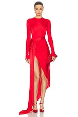David Koma Satin Bow Detail Asymmetric Long Dress in Red, view 1, click to view large image.