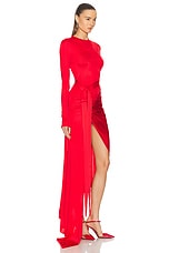 David Koma Satin Bow Detail Asymmetric Long Dress in Red, view 2, click to view large image.