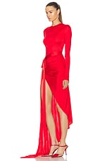 David Koma Satin Bow Detail Asymmetric Long Dress in Red, view 3, click to view large image.