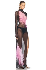 David Koma Feather Printed Long Sleeve Mesh Gown in Black & Pink, view 2, click to view large image.