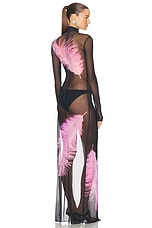 David Koma Feather Printed Long Sleeve Mesh Gown in Black & Pink, view 4, click to view large image.